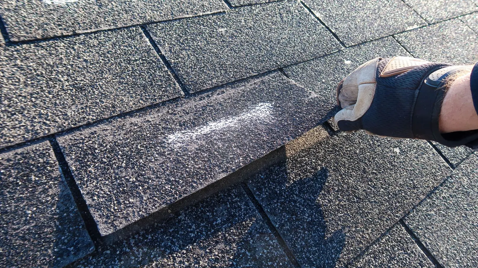 Close-up of shingle roof inspection