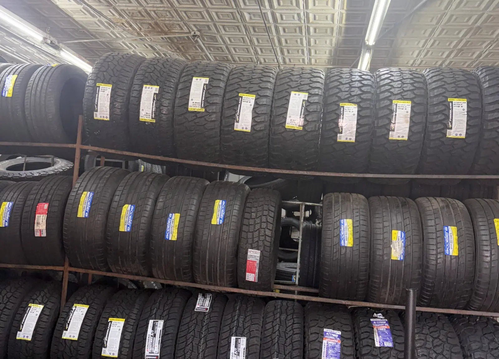 Racks of new and used tires